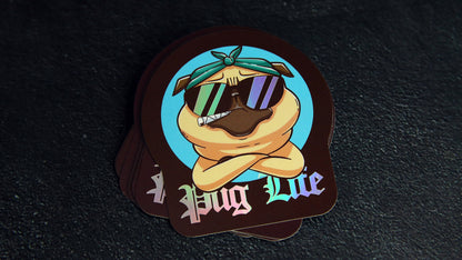 Stack of holographic die cut stickers with pug life design