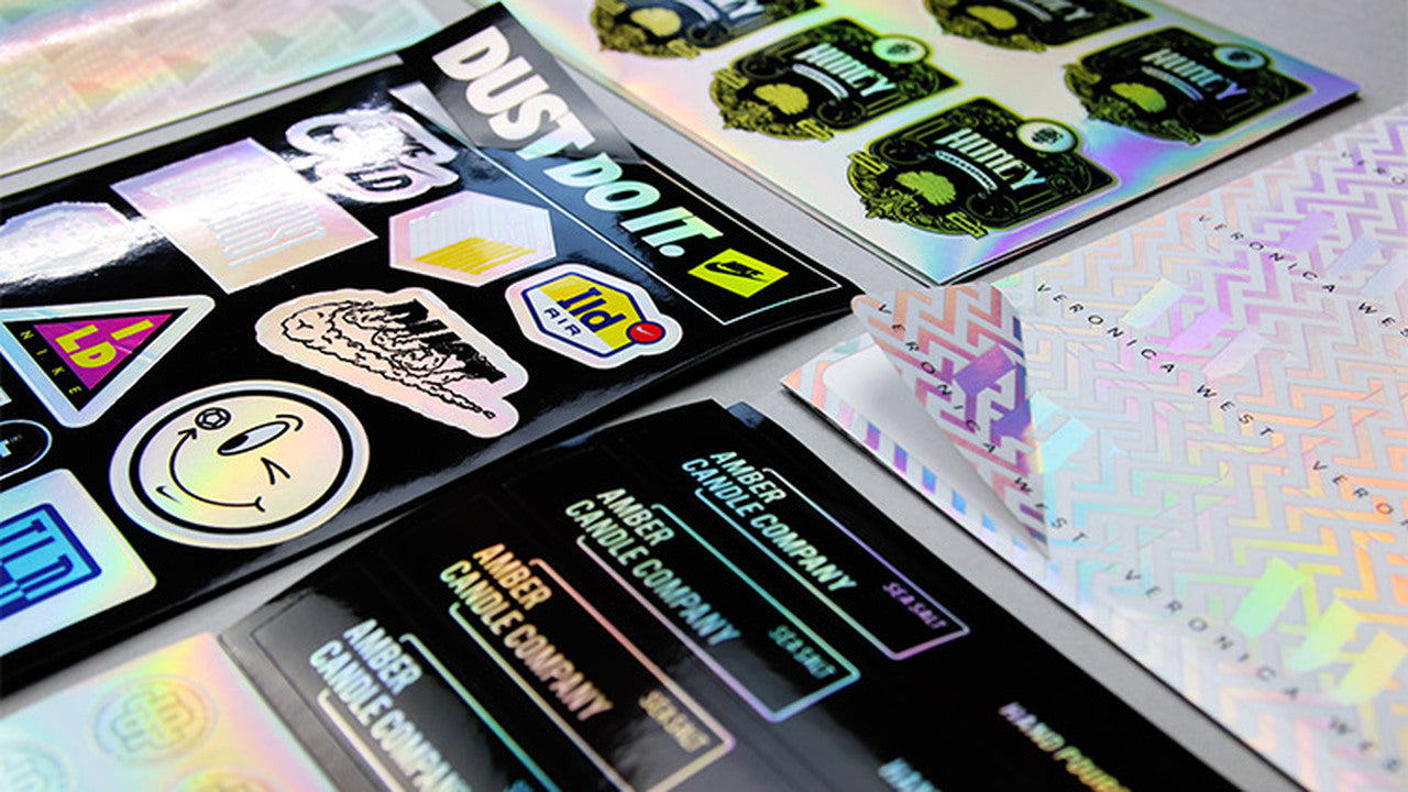 Stacks of holographic labels on a table