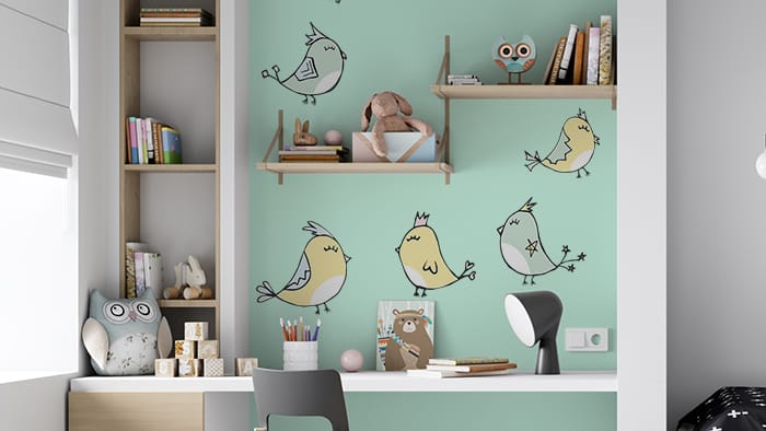 Wall stickers with bird designs applied to a study