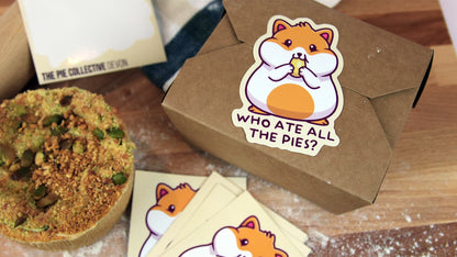 White vinyl food labels with hamster design applied to a cardboard food box 